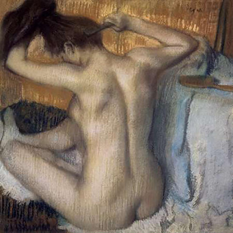 Woman Combing Her Hair White Modern Wood Framed Art Print by Degas, Edgar