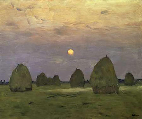 Haystacks Twilight, 1899 White Modern Wood Framed Art Print with Double Matting by Levitan, Isaac