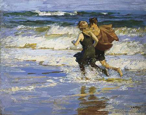 At The Beach Black Ornate Wood Framed Art Print with Double Matting by Potthast, Edward Henry