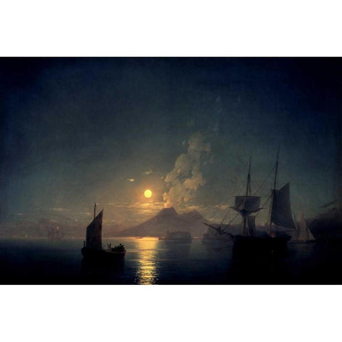 The Bay of Naples by Moonlight, 1842 Black Modern Wood Framed Art Print with Double Matting by Aywasovsky, Ivan