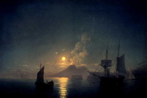 The Bay of Naples by Moonlight, 1842 Black Ornate Wood Framed Art Print with Double Matting by Aywasovsky, Ivan