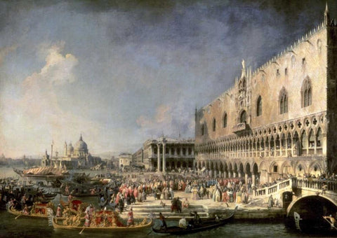 The Reception of the French Ambassador in Venice White Modern Wood Framed Art Print with Double Matting by Canaletto