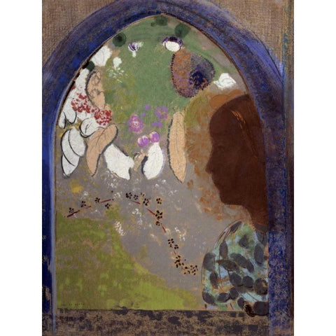 Womans Silhouette in a Window, 1912 Gold Ornate Wood Framed Art Print with Double Matting by Redon, Odilon