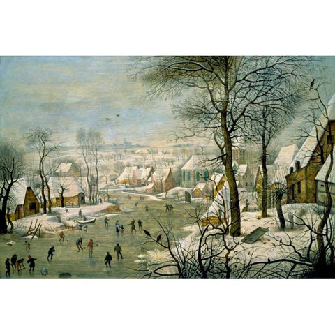 A Winter Landscape with Skaters and a Bird Trap White Modern Wood Framed Art Print by Bruegel, Pieter the Younger