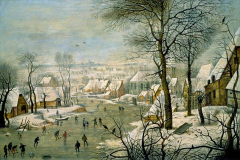 A Winter Landscape with Skaters and a Bird Trap Black Ornate Wood Framed Art Print with Double Matting by Bruegel, Pieter the Younger
