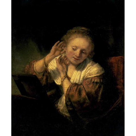 Young Woman Trying Earrings, 1654 Black Modern Wood Framed Art Print with Double Matting by Rembrandt