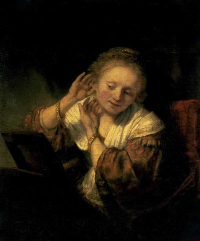 Young Woman Trying Earrings, 1654 Black Ornate Wood Framed Art Print with Double Matting by Rembrandt