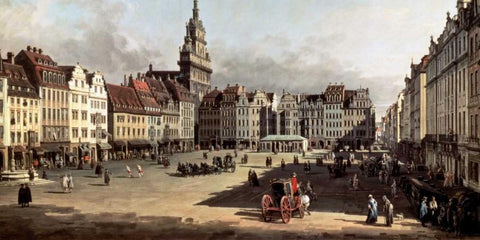 Dresden, the Old Market from Castle Street Black Ornate Wood Framed Art Print with Double Matting by Bellotto, Bernardo