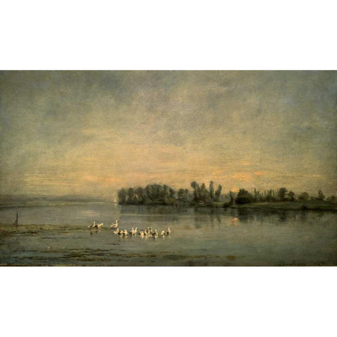 Le Marais de Canards Gold Ornate Wood Framed Art Print with Double Matting by Daubigny, Charles Francois