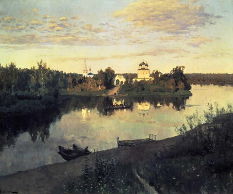 Evening Bells, 1892 White Modern Wood Framed Art Print with Double Matting by Levitan, Isaac