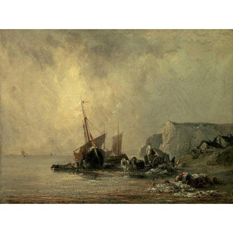 Boats by the Normandy Shore Black Modern Wood Framed Art Print with Double Matting by Bonington, Richard Parkes