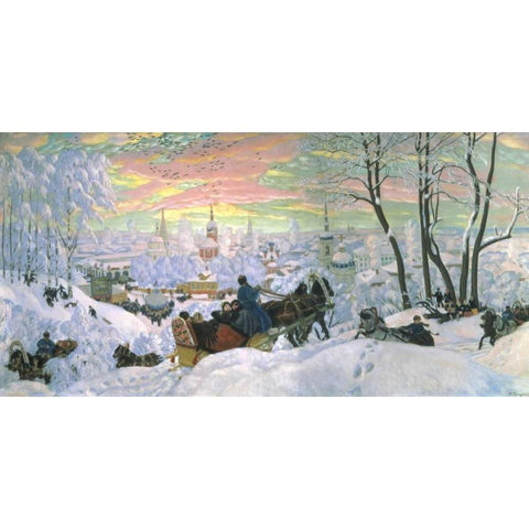 Arriving for Shrove-Tide, 1916 White Modern Wood Framed Art Print by Kustodiev, Boris