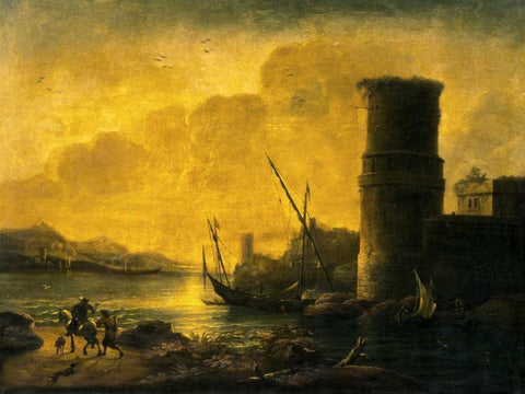 Bay at Sunset, 1549 Black Ornate Wood Framed Art Print with Double Matting by Rosa, Salvator