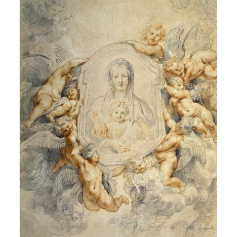 Image of the Virgin Portrayed with Angels White Modern Wood Framed Art Print by Rubens, Peter Paul