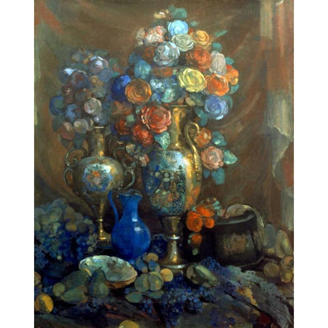 Vases, Flowers, Fruits, 1912 Gold Ornate Wood Framed Art Print with Double Matting by Sapunov, Nikolai