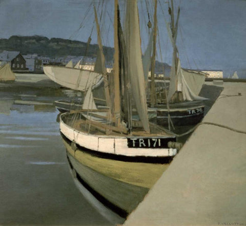 Sailboats in the Bay of Tregastel Black Ornate Wood Framed Art Print with Double Matting by Vallotton, Felix