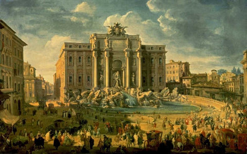 The Trevi Fountain in Rome Black Ornate Wood Framed Art Print with Double Matting by Pannini, Giovanni Paolo