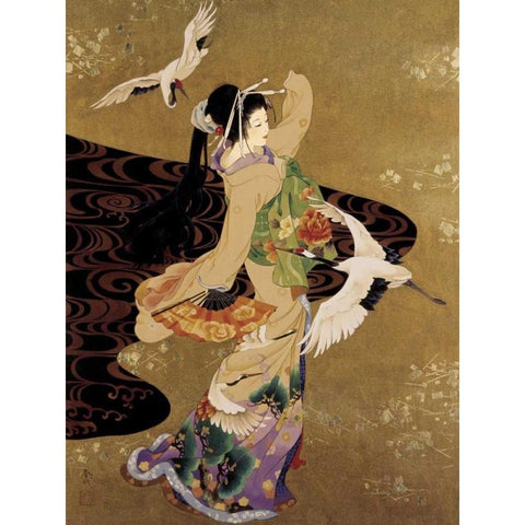 Dance of the Cranes Gold Ornate Wood Framed Art Print with Double Matting by Morita, Haruyo