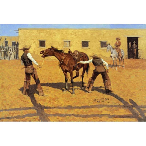 His First Lesson Gold Ornate Wood Framed Art Print with Double Matting by Remington, Frederic