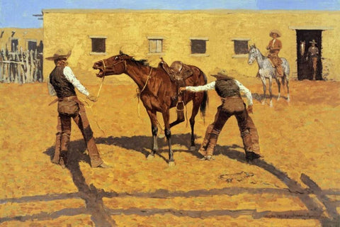 His First Lesson White Modern Wood Framed Art Print with Double Matting by Remington, Frederic