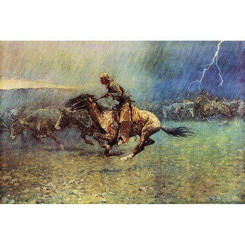 The Stampede White Modern Wood Framed Art Print by Remington, Frederic