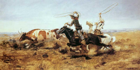 O. H. Cowboys Roping a Steer Black Ornate Wood Framed Art Print with Double Matting by Russell, Charles M.