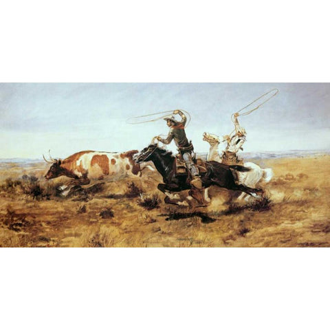 O. H. Cowboys Roping a Steer Gold Ornate Wood Framed Art Print with Double Matting by Russell, Charles M.