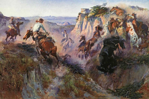 The Wild Horse Hunters White Modern Wood Framed Art Print with Double Matting by Russell, Charles M.
