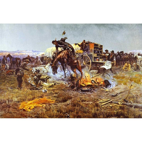 Camp Cooks Troubles White Modern Wood Framed Art Print by Russell, Charles M.