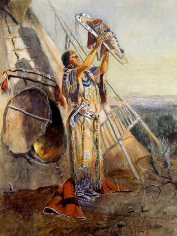 Sun Worship in Montana White Modern Wood Framed Art Print with Double Matting by Russell, Charles M.