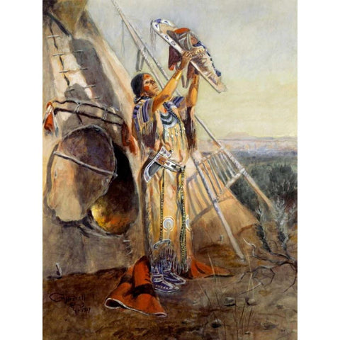 Sun Worship in Montana White Modern Wood Framed Art Print by Russell, Charles M.