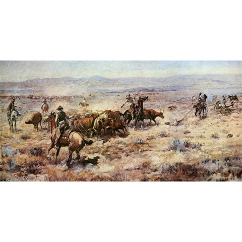 The Round-Up Black Modern Wood Framed Art Print by Russell, Charles M.