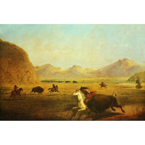 Buffalo Hunt Gold Ornate Wood Framed Art Print with Double Matting by Miller, Alfred J.