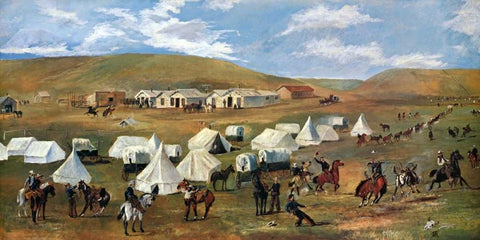 Cowboy Camp During The Roundup White Modern Wood Framed Art Print with Double Matting by Russell, Charles M.