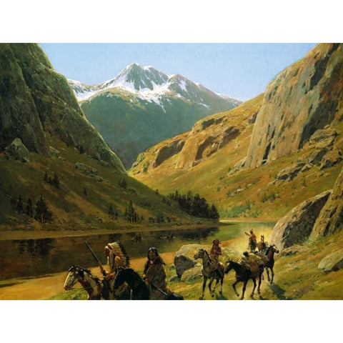 Indian Maurauders In Party Fording Stream White Modern Wood Framed Art Print by Farny, Henry