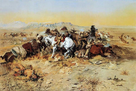 A Desperate Stand White Modern Wood Framed Art Print with Double Matting by Russell, Charles M.