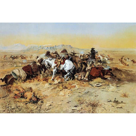 A Desperate Stand Black Modern Wood Framed Art Print by Russell, Charles M.