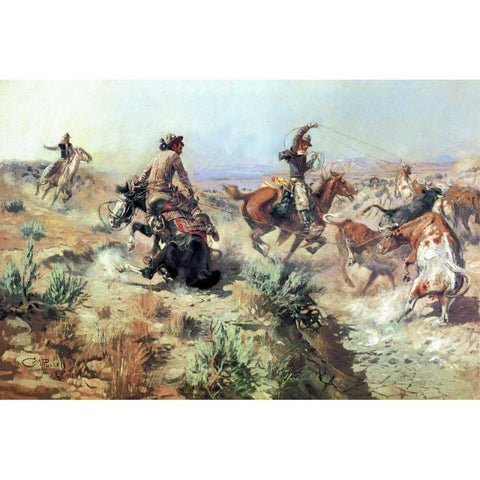 Jerked Down White Modern Wood Framed Art Print by Russell, Charles M.