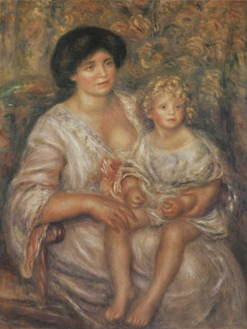 Mother and Child Black Ornate Wood Framed Art Print with Double Matting by Renoir, Pierre-Auguste
