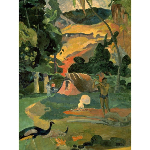 Landscape with Peacock Gold Ornate Wood Framed Art Print with Double Matting by Gauguin, Paul