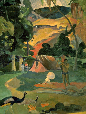 Landscape with Peacock White Modern Wood Framed Art Print with Double Matting by Gauguin, Paul