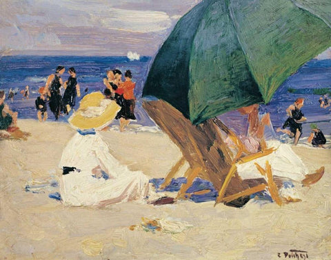Green Umbrella White Modern Wood Framed Art Print with Double Matting by Potthast, Edward Henry