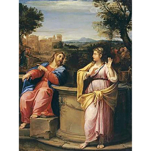 Museumist and The Woman of Samaria at The Well Gold Ornate Wood Framed Art Print with Double Matting by Albani, Francesco