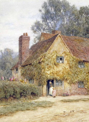 A Cottage at Denham, Buckinghamshire Black Ornate Wood Framed Art Print with Double Matting by Allingham, Helen
