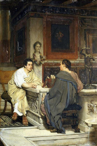 The Discourse; a Chat Black Ornate Wood Framed Art Print with Double Matting by Alma-Tadema, Sir Lawrence