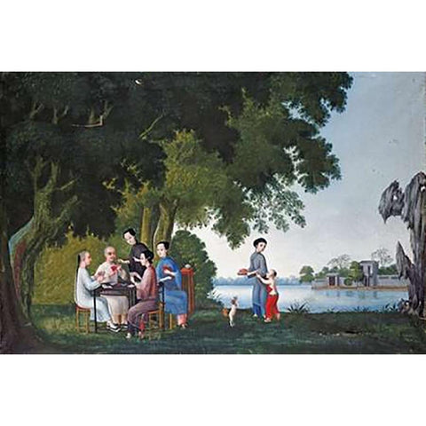 Chinese Playing Cards By a River Black Modern Wood Framed Art Print with Double Matting by Anglo-Chinese School