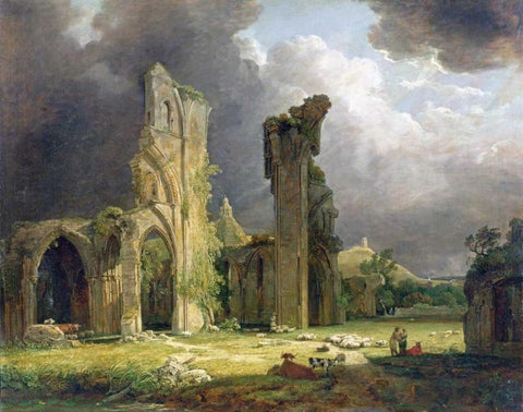 Glastonbury Abbey With The Tor Beyond White Modern Wood Framed Art Print with Double Matting by Arnald, George