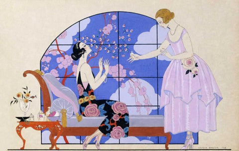 Two Ladies In a Salon Black Ornate Wood Framed Art Print with Double Matting by Barbier, Georges