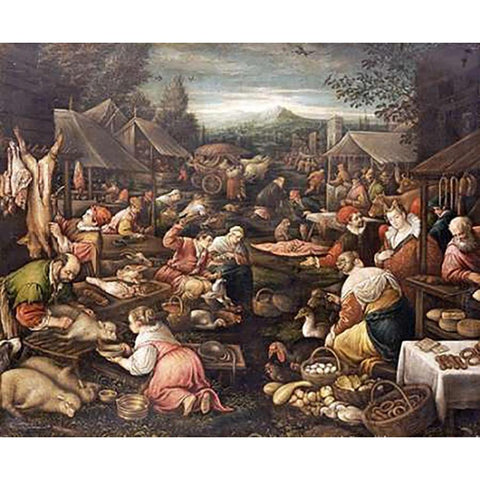 A Country Market Black Modern Wood Framed Art Print by Bassano, Jacopo