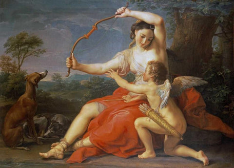 Diana Breaking Cupids Bow White Modern Wood Framed Art Print with Double Matting by Batoni, Pompeo Girolamo